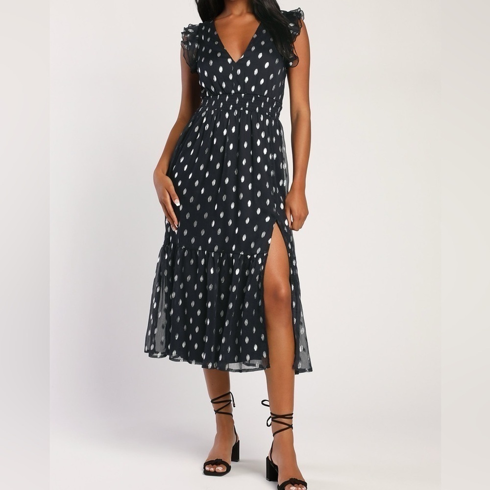 Lulus Cause To Celebrate Navy And Silver Dot Ruffled Tiered Midi Dress Nwt